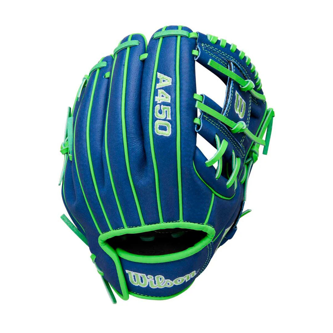 WILSON A450 ADVISORY STAFF 10.75" BLU/NEONGREEN/WHT RIGHT THROW GLOVE