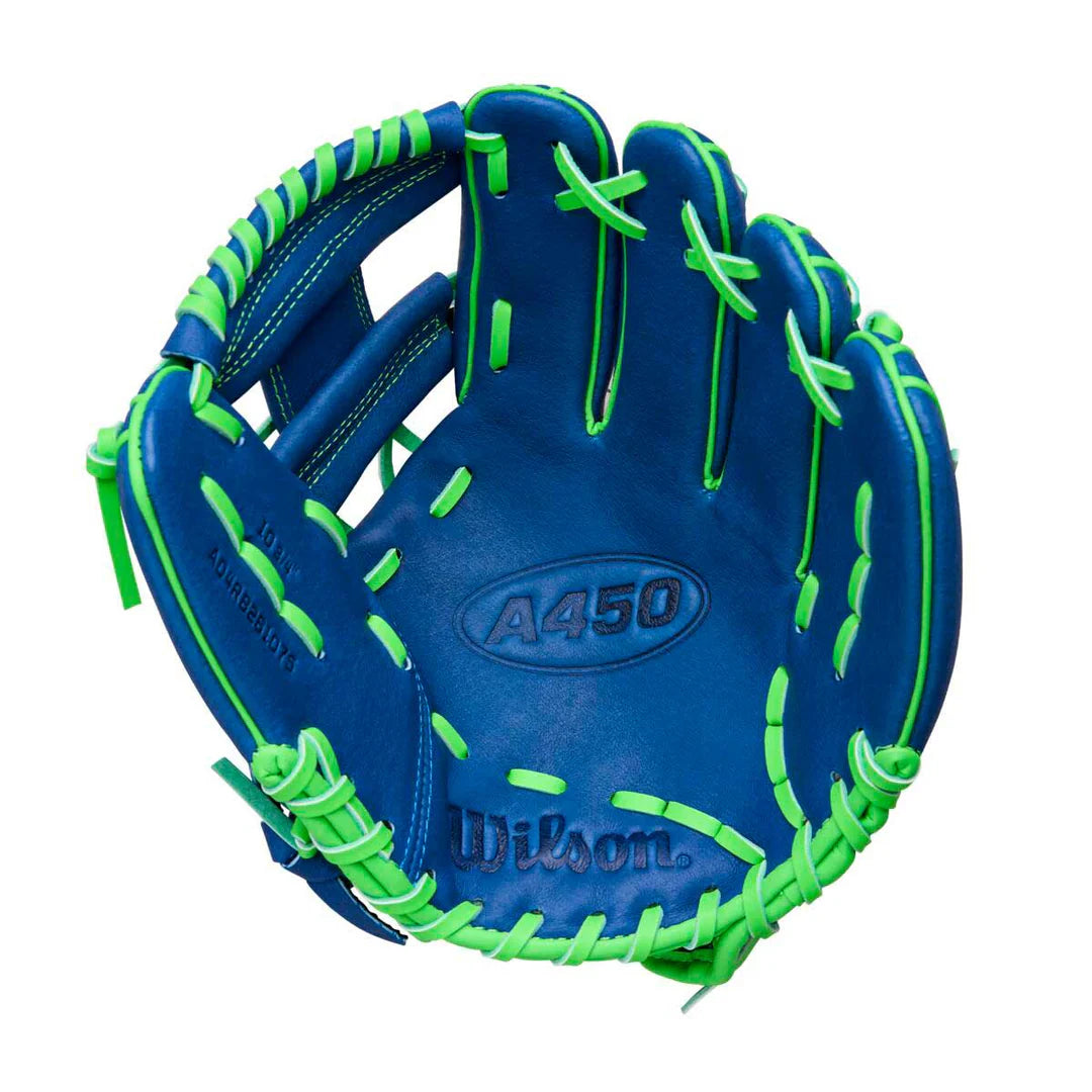 WILSON A450 ADVISORY STAFF 10.75" BLU/NEONGREEN/WHT RIGHT THROW GLOVE