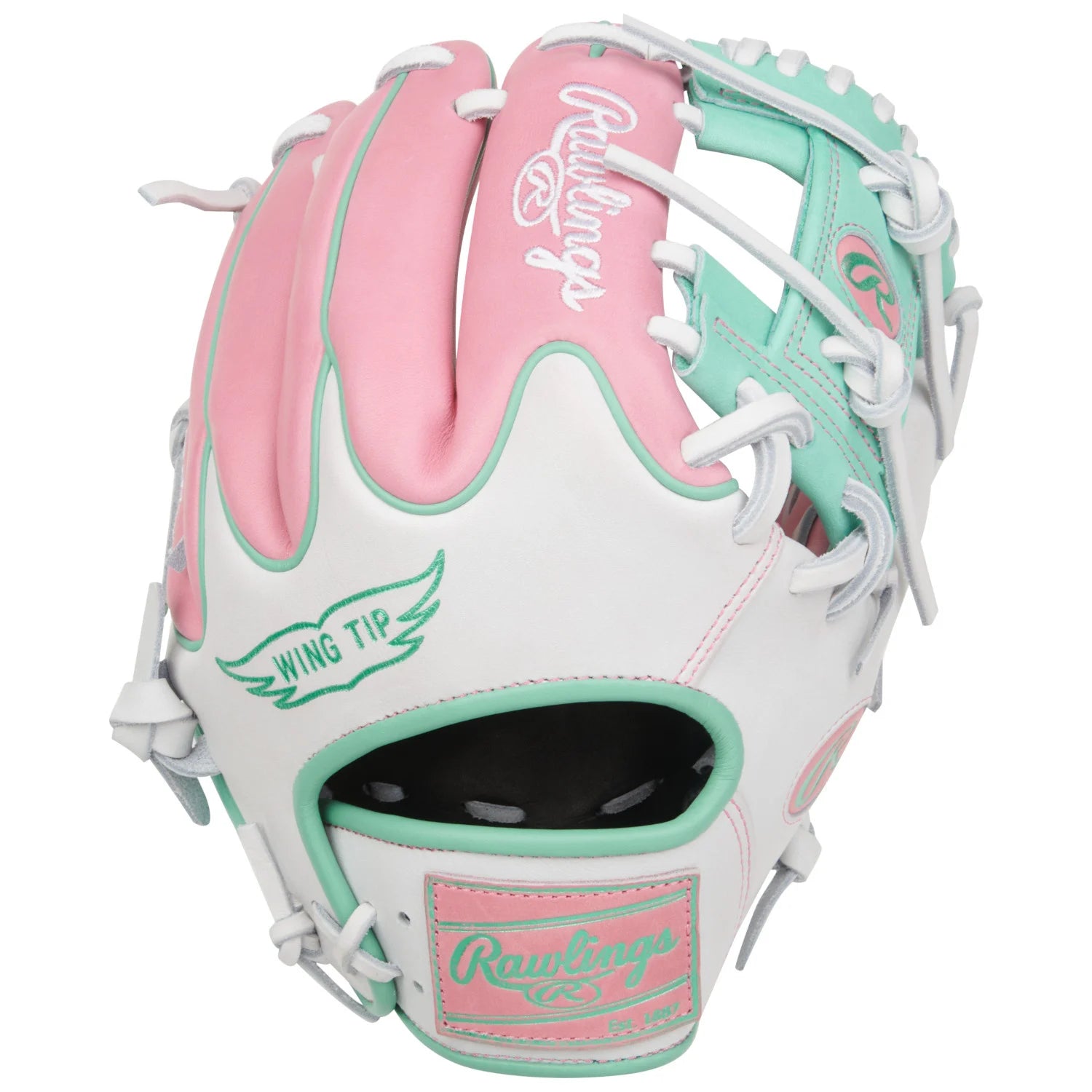 Pink and teal baseball glove with 'Rawlings' branding on a white background